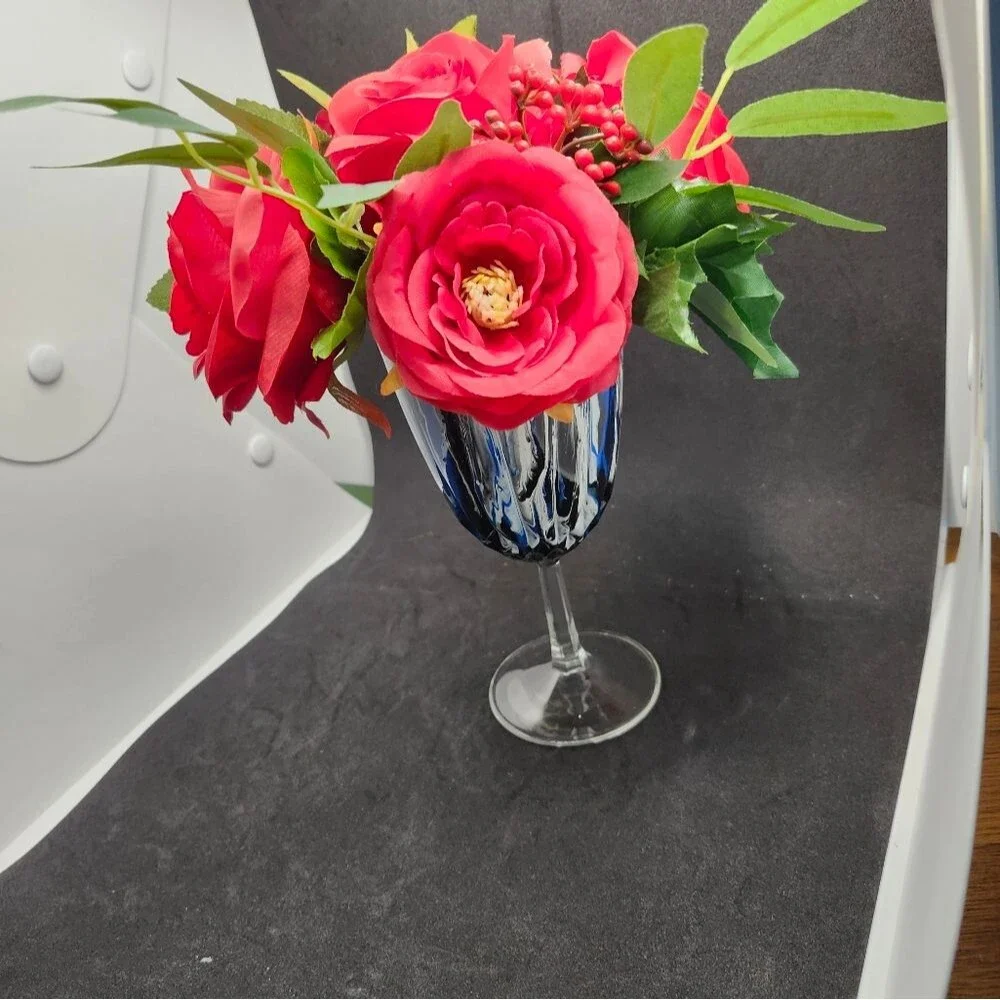 Hand Crafted Floral Table Centerpiece Summer Red Roses Flower Wine Glass